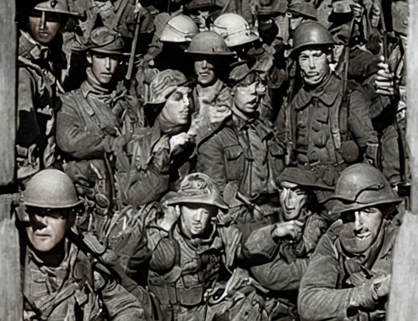 Monochrome image of soldiers in helmets, ready for combat