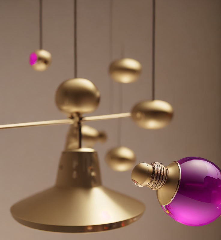 Golden Finish Modern Chandelier with Abstract Spheres and Purple Glass Globe