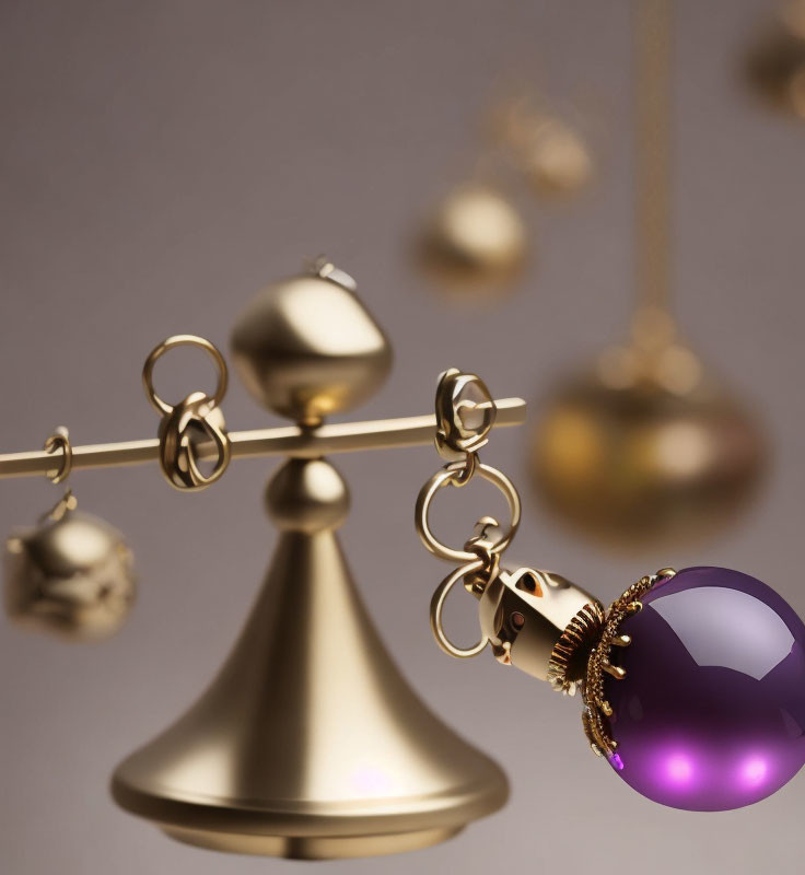 Gold-Tone Balance Scale with Assorted Ornaments and Purple Bauble