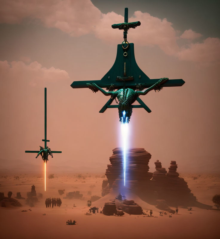 Futuristic aircrafts hover over rocky desert landscape