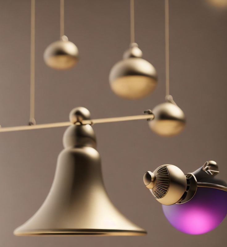 Brass pendulums with levitating elements and purple light glow