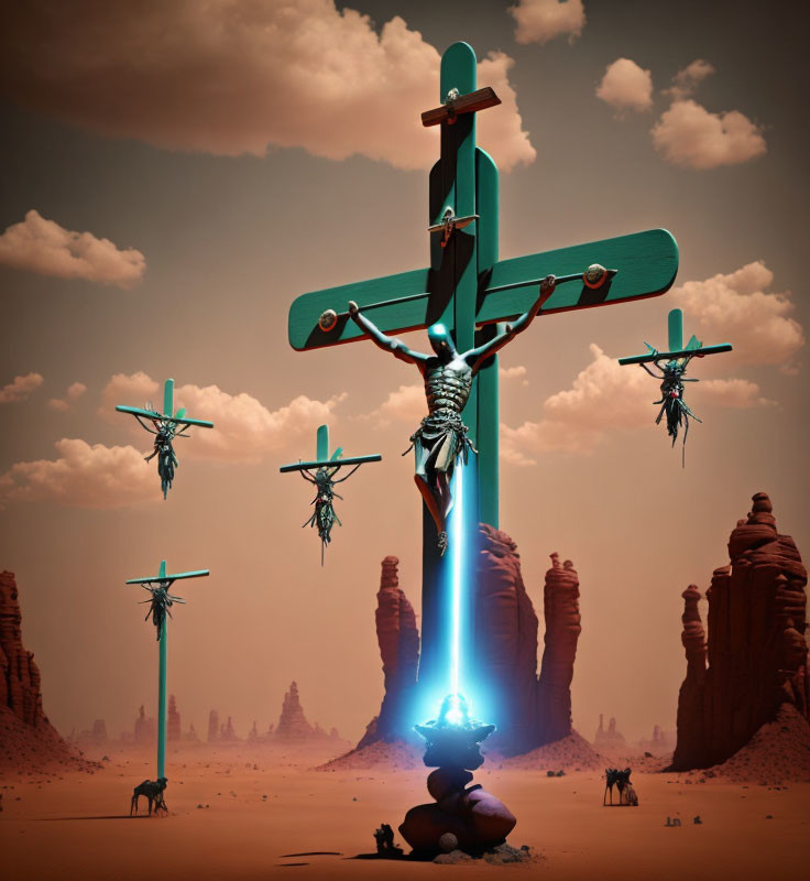 Surreal desert landscape with airplane cross monument emitting blue beam in orange sky