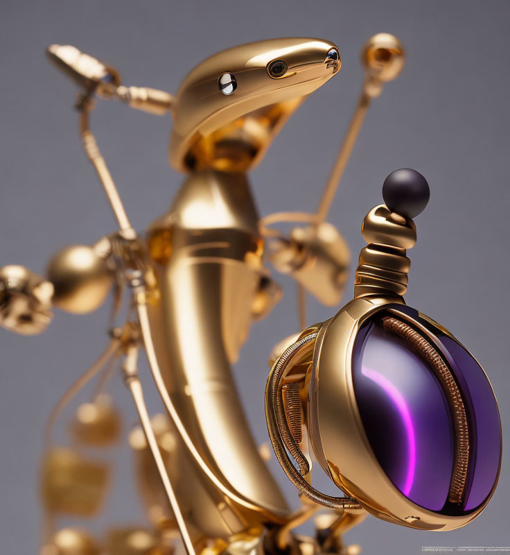 Golden stylized robot with spherical violet eye and intricate joints