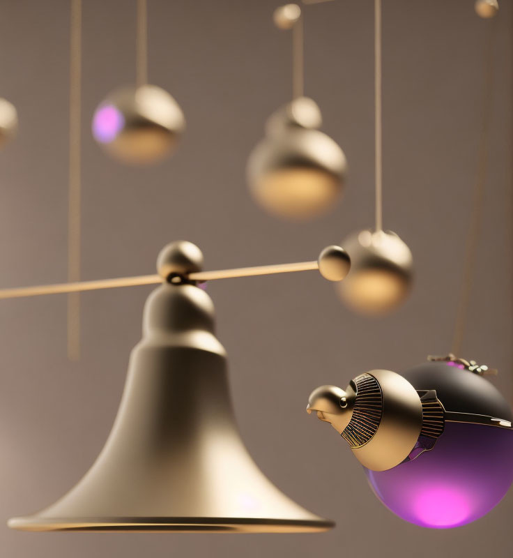 Abstract composition featuring bronze bell, suspended orbs, purple lights, and reflective surfaces