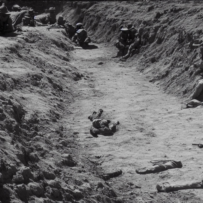 Vintage black and white photo of soldiers in trench during wartime