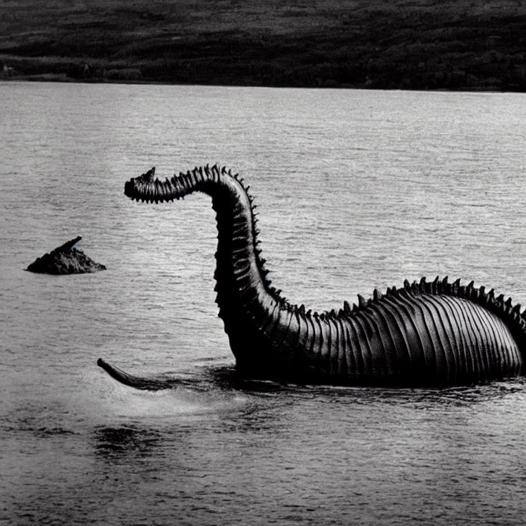 Monochrome image of mythical sea monster with long neck in water