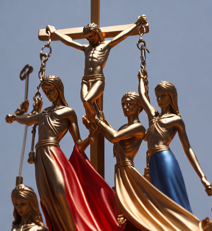 Row of Lady Justice Statues with Scales and Sword Against Blue Sky