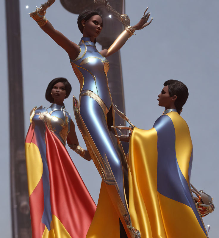 Three individuals in futuristic blue and gold outfits with cape-like extensions against a blurred architectural background