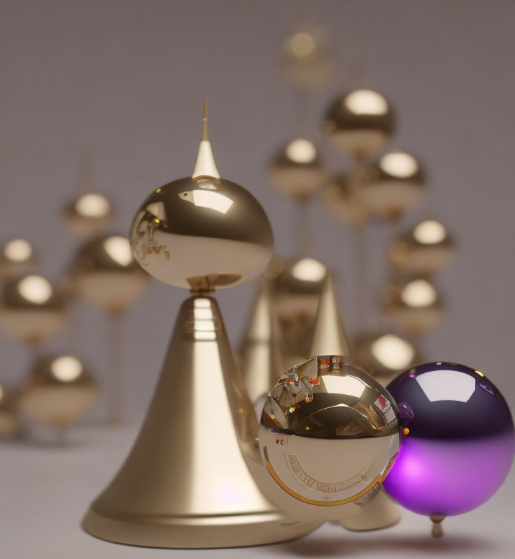 Reflective Golden and Purple Spheres and Cones on Beige Background