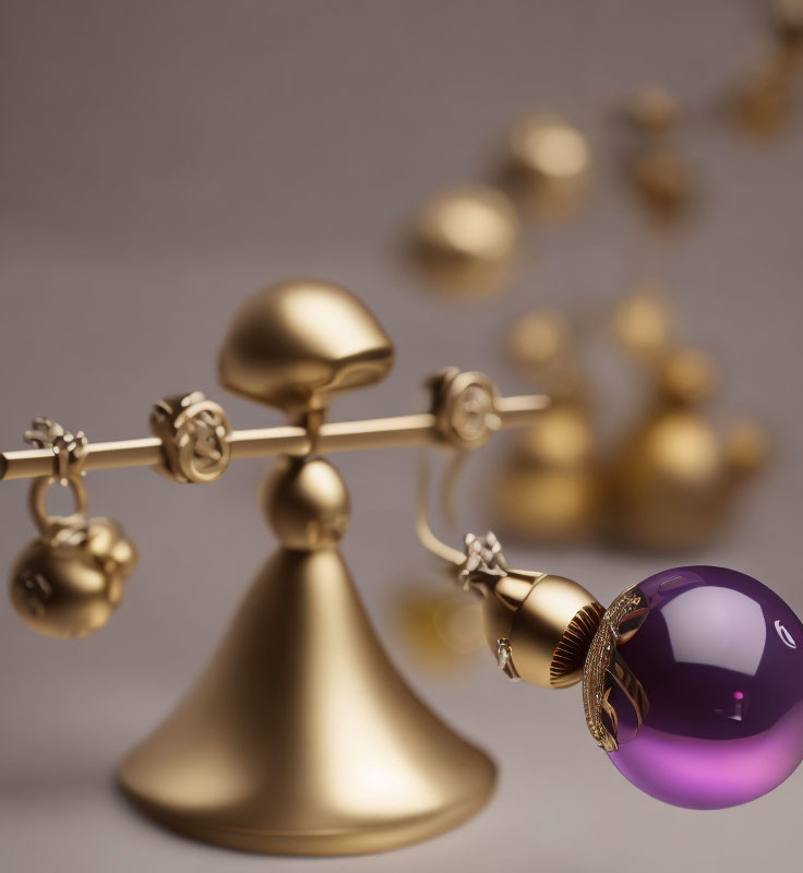 Golden perpetual motion desk toy with purple sphere in focus