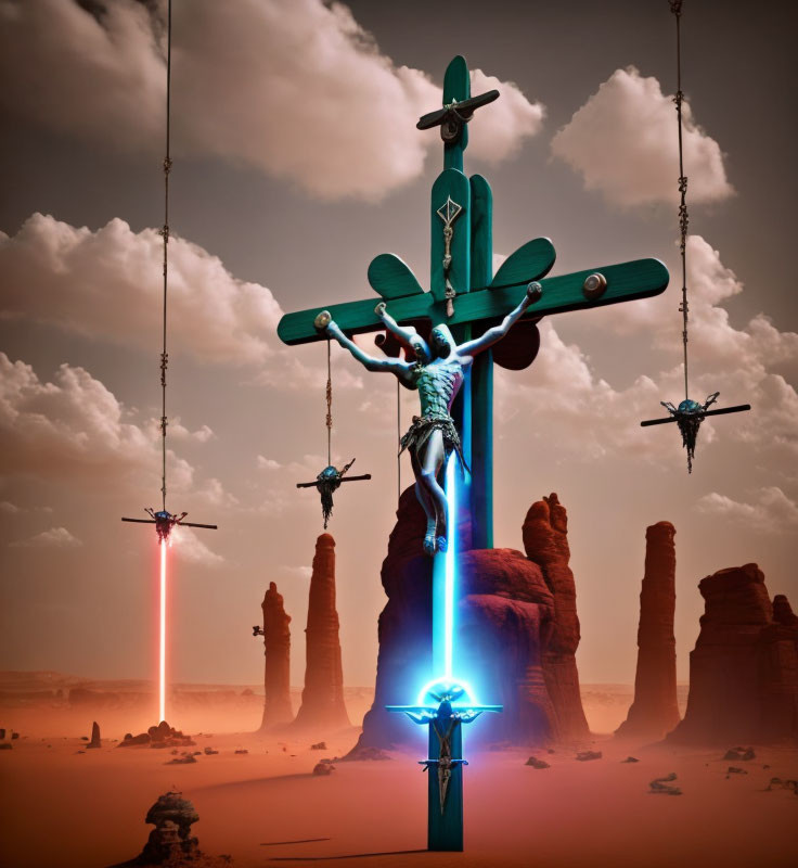 Neon futuristic crucifixion scene with man on cross in desert landscape.