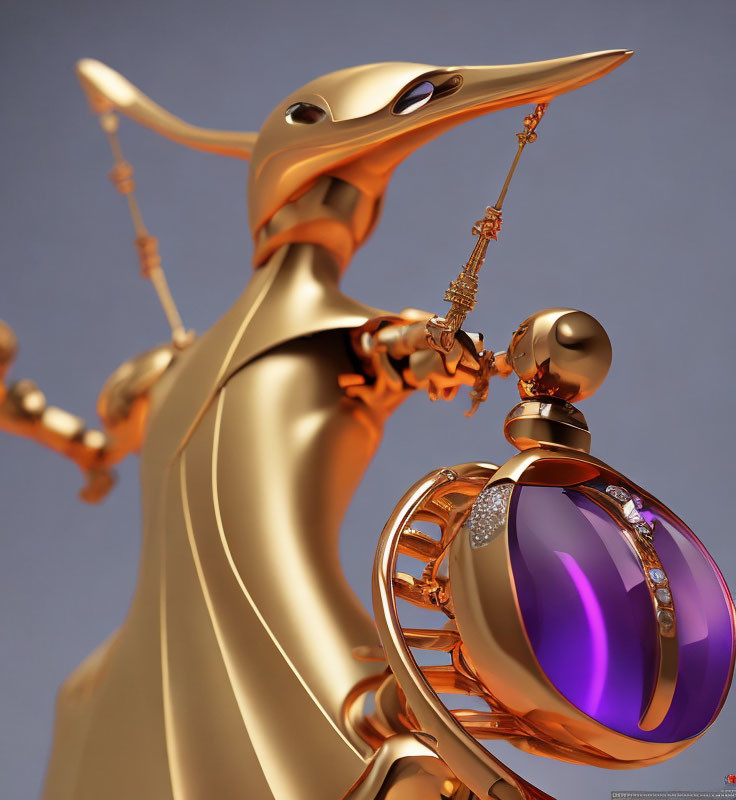 Golden robot with bird-like features holding purple gem sphere on warm backdrop