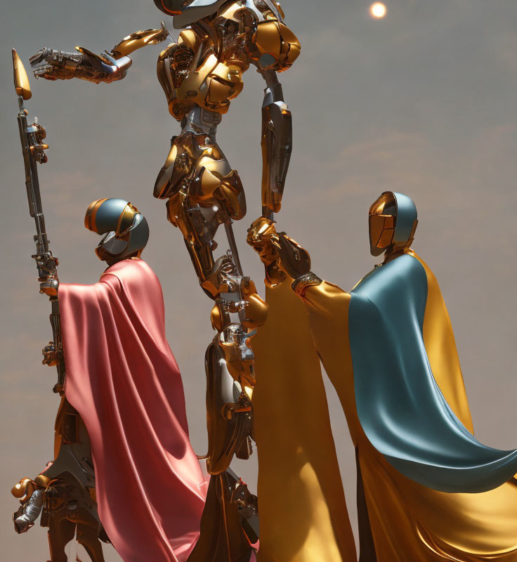 Shiny robots with capes under dusky sky, one holding spear, others conversing