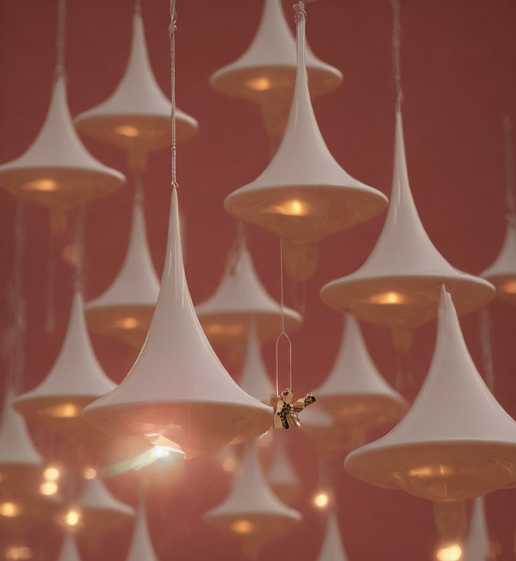 Inverted teardrop-shaped modern lighting fixtures on red ceiling