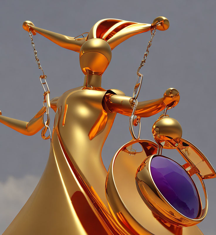 Gold and Chrome Lady Justice Figure with Balanced Scales and Purple Gemstone on Grey Background