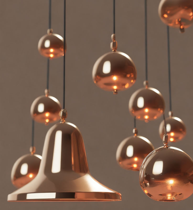 Matte Copper Bell Shape Surrounded by Glossy Spheres