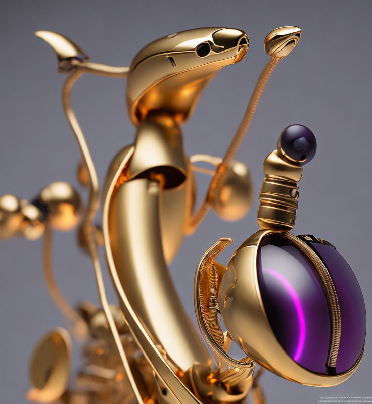 Abstract Metallic Sculpture: Gold-Toned with Purple Sphere