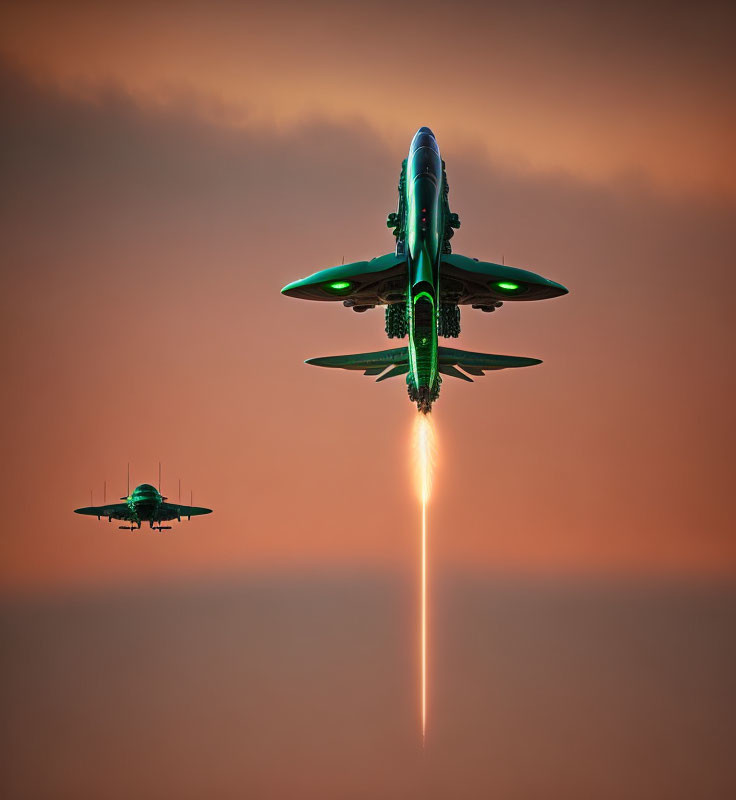 Fiery jet trail in sunset sky with following airplane