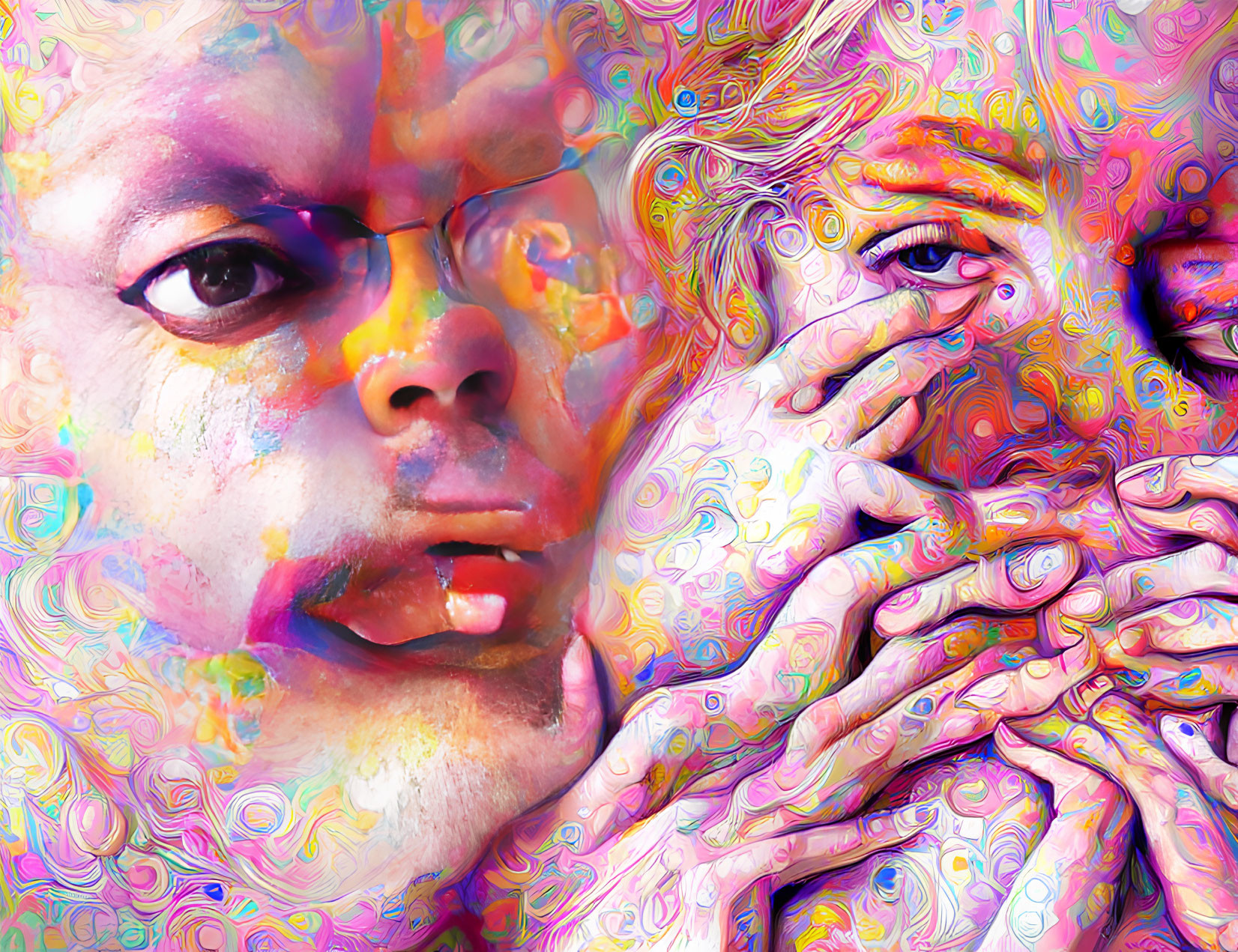 Colorful Psychedelic Digital Artwork with Overlapping Faces