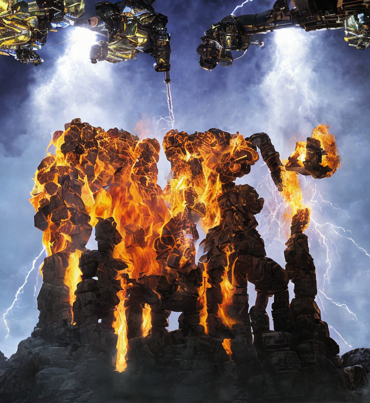 Gigantic lava humanoid with lightning and flying machines.