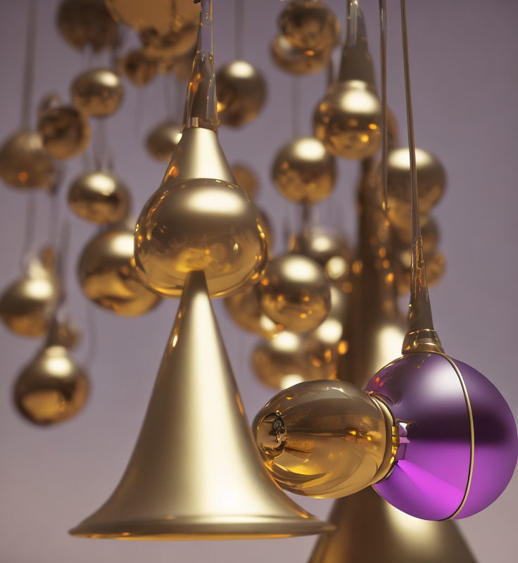 Golden geometric shapes and spheres with reflections, purple-tinted orb on muted background