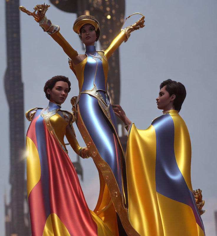 Stylized female characters in futuristic armor with flowing capes and a towering spire.