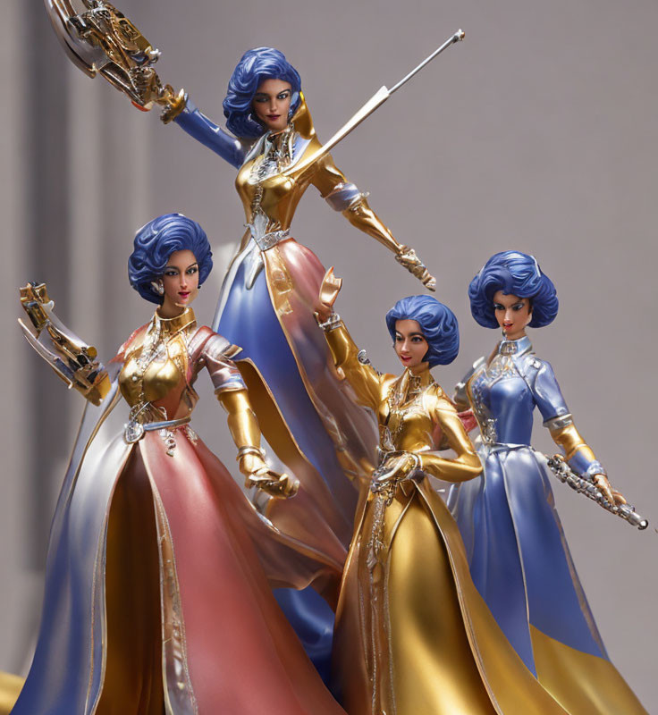 Four Identical Action Figures with Blue Hair and Golden Armor in Blue and Red Outfits against Neutral Background