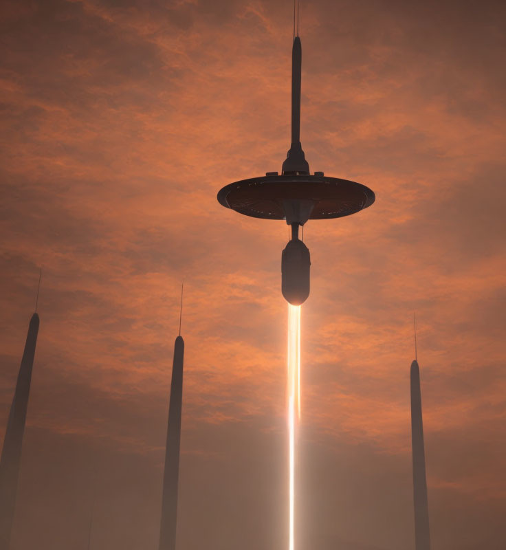 Futuristic spaceship emitting light in urban setting at dusk