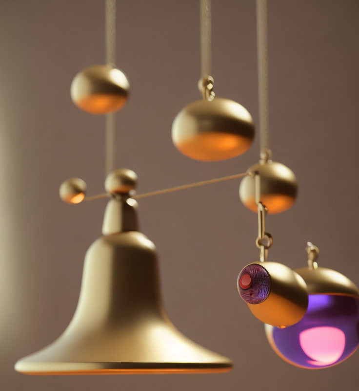 Golden spherical ornaments connected by rods in artistic rendering under warm lighting