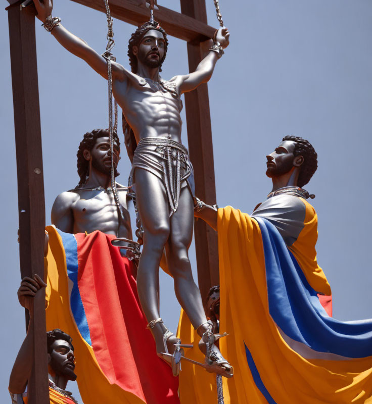 Classical Figure Sculpture with Draped Cloth Against Blue Sky