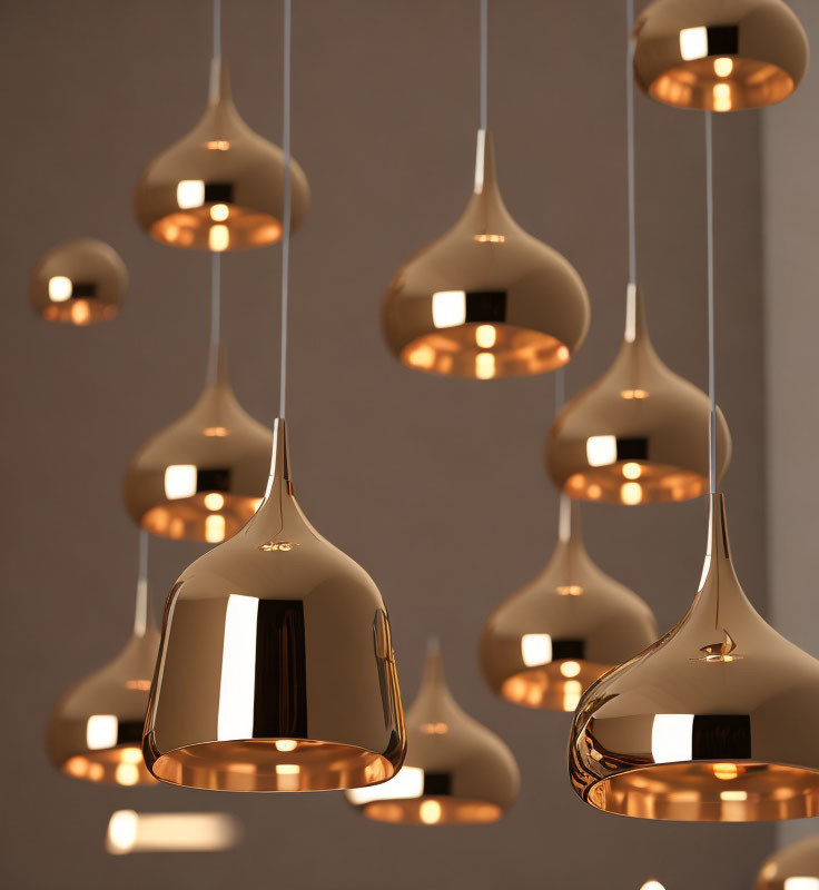 Elegant golden pendant lights in various heights on neutral backdrop