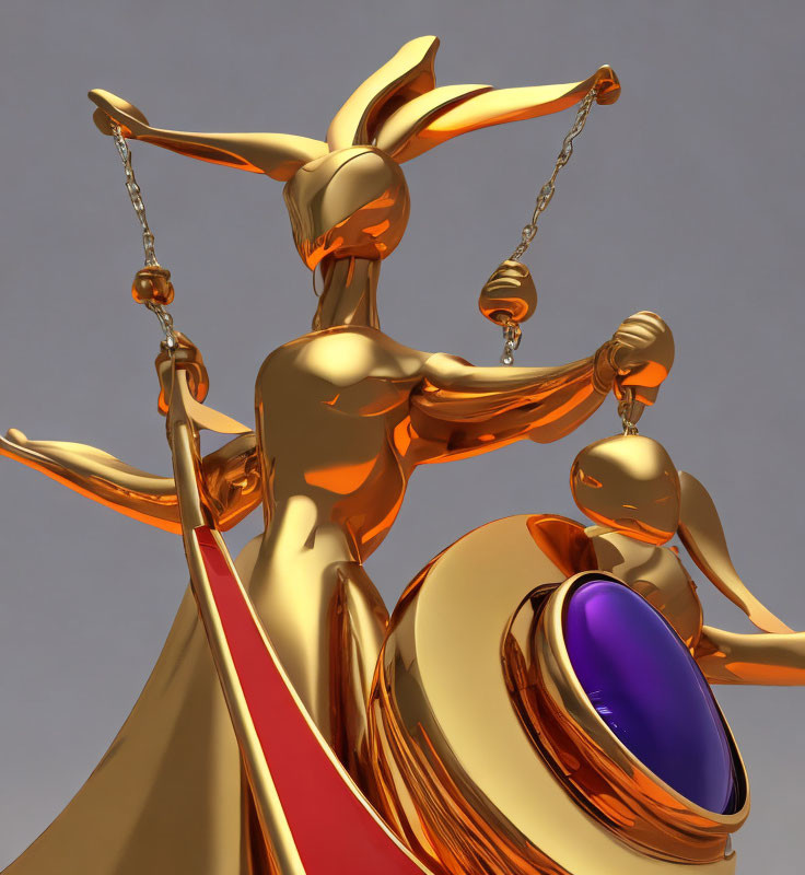 Golden Lady Justice 3D rendering with scales, sword, and blindfold