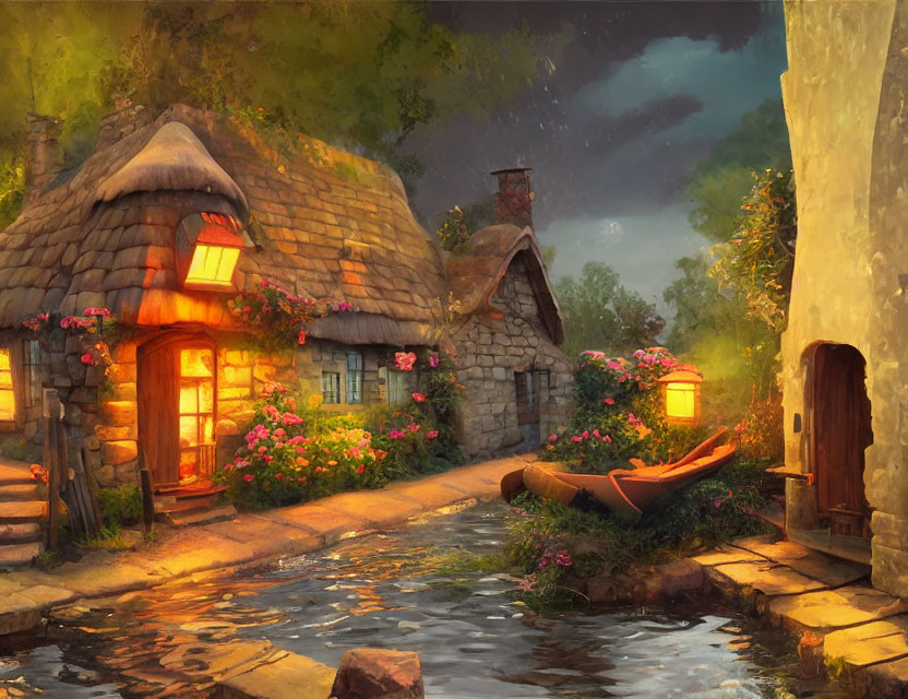 Twilight scene of a quaint village with thatched cottages, lantern, stream, boat, and