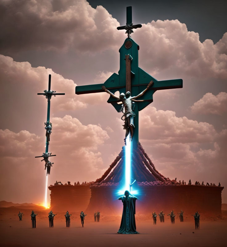 Surreal desert scene: three crosses, robed figures, beams of light