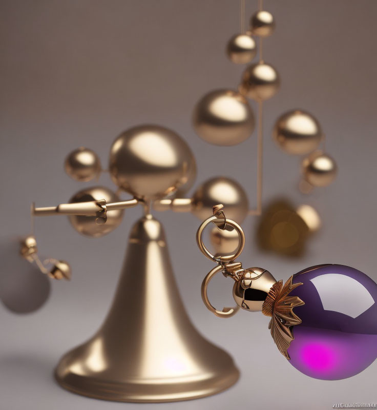 Brass kinetic balance sculpture with suspended spheres and purple glass ornament