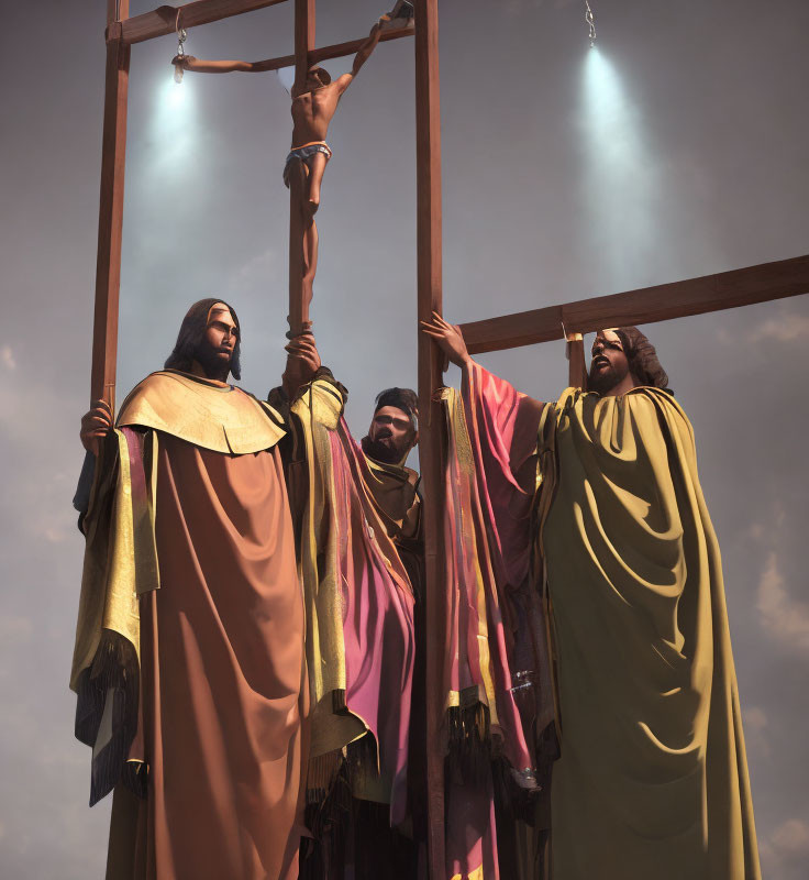 Three people in historical attire by backlit crucifix with dramatic sky.