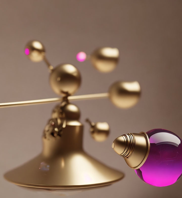 Metallic Cup Kinetic Desk Sculpture with Rotating Arm and Pink Glass Sphere