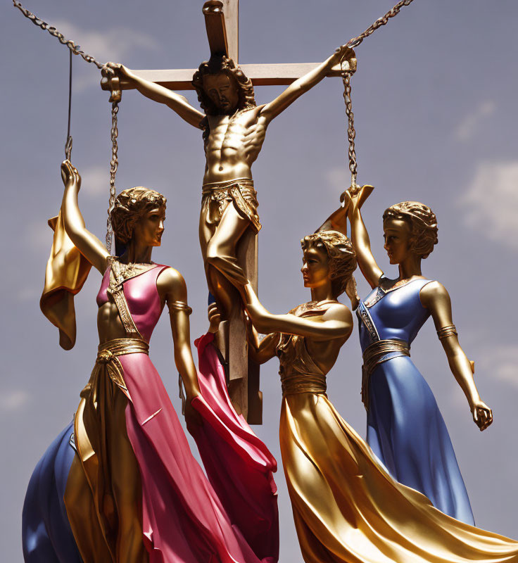 Colorful Gowned Women Statues with Scale and Suspended Male Figure