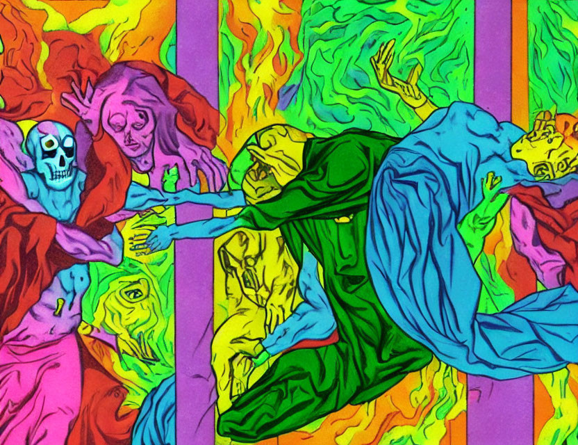 Colorful Psychedelic Illustration of Skeletal and Human Figures