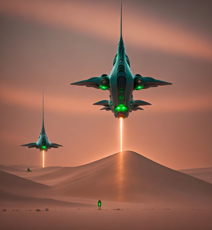 Futuristic spaceships above desert at sunset with lone figure.