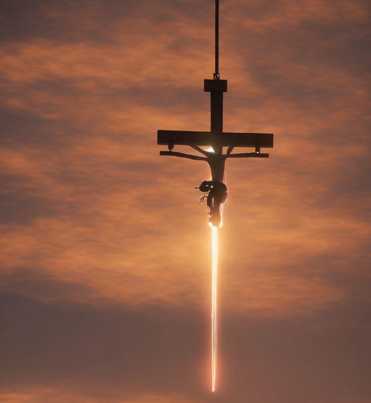 Rocket descending with fiery exhaust in cloudy sunset sky.