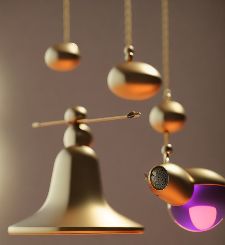 Abstract Balance Scale with Bell Base and Glowing Orbs on Soft Brown Background