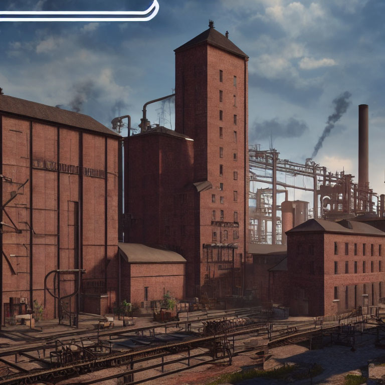 Industrial Brick Buildings and Smokestacks Against Blue Sky