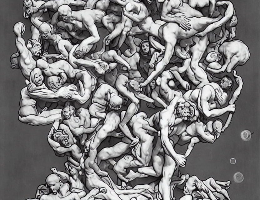 Monochrome artwork of intertwined human figures with dramatic expressions in clustered formation