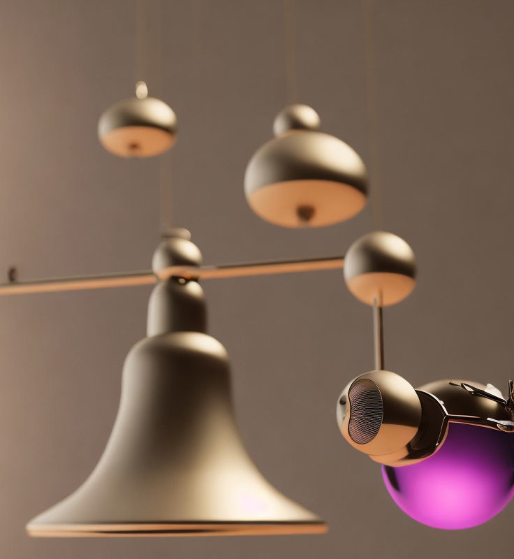 Elegant modern pendant lights: soft metallic finish, purple orb, against warm neutral backdrop