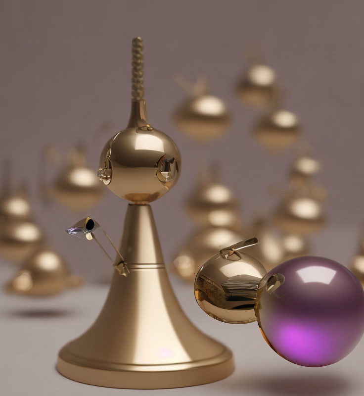 Shiny golden bishop chess piece with orbs and purple sphere on beige background