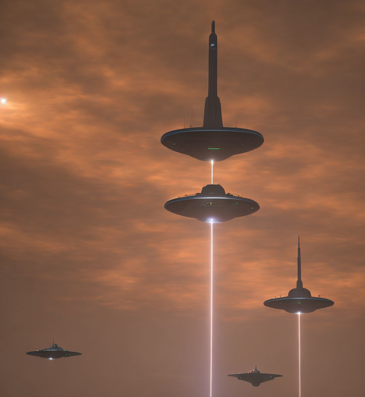 Four UFOs Emitting Light Beams Descend in Twilight Sky