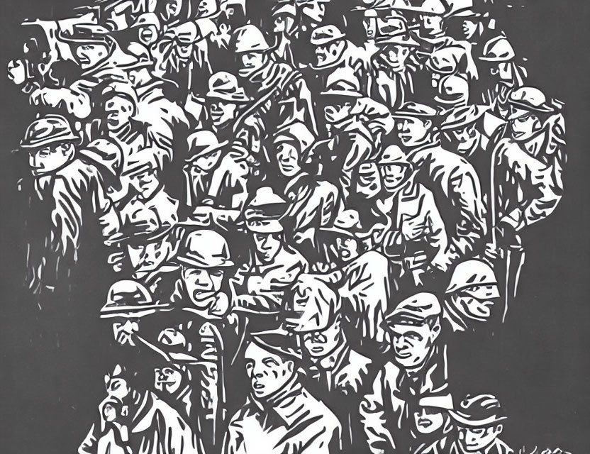 Monochrome artwork of crowded people in hats with depth and movement