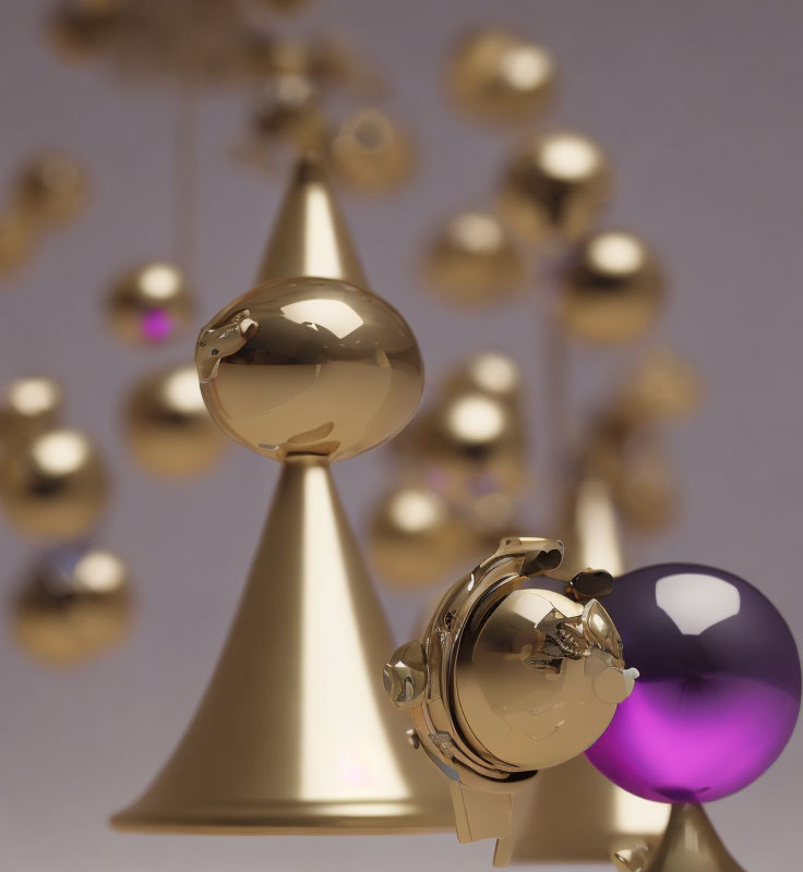 Shiny gold and purple spheres and cones in soft-focus setting