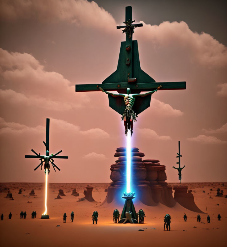 Surreal desert landscape with glowing tech crosses under orange sky